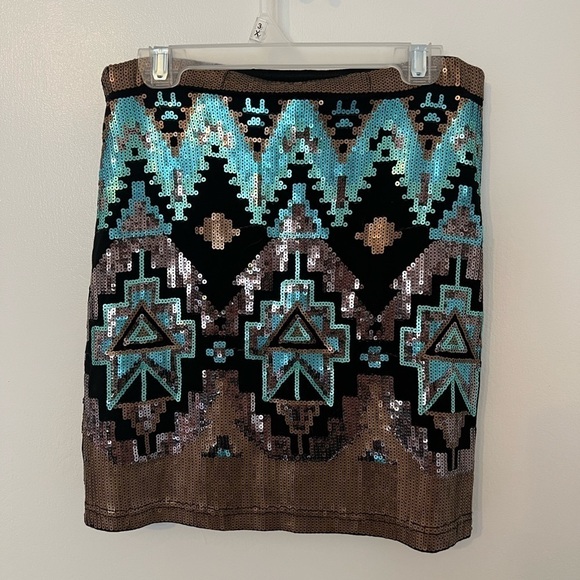 NWT Small Sequin Gold Turquoise and Black Mini Skirt Boho Vibe - Picture 8 of 12